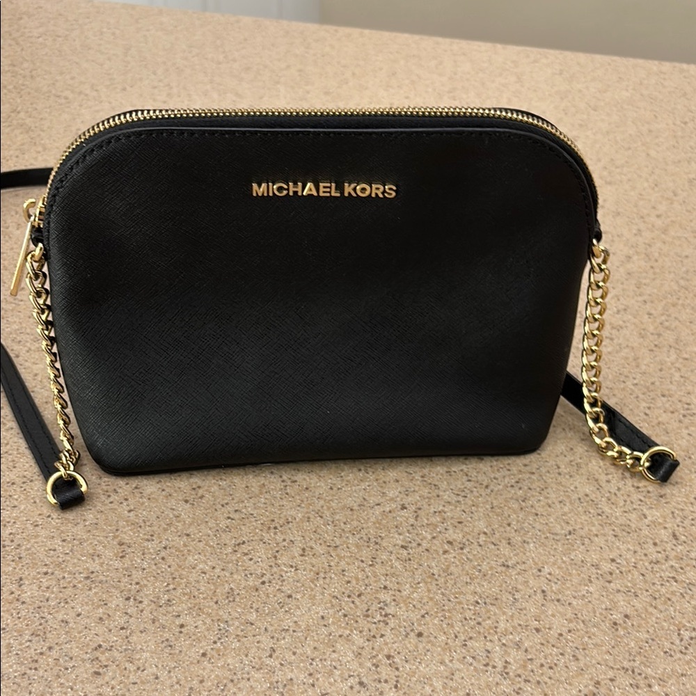 Michael Kors Black and Gold Dome Crossbody Bag with adjustable strap